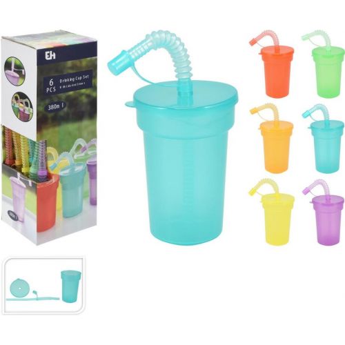 Pohár na vodu 380 ml so slamkou, plastový, balenie 6ks mix