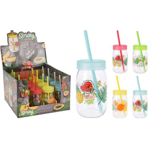 Pohár na vodu 370ml, s viečkom a slamkou, sklo mix