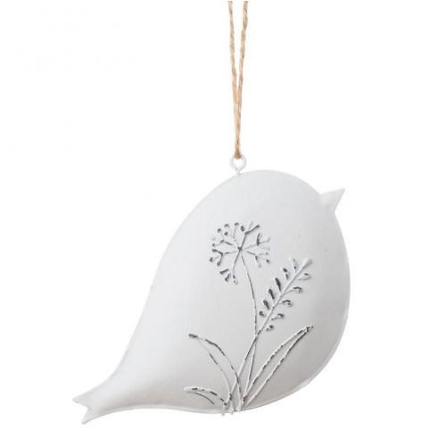 Ozdoba závesná, vtáčik, 14cm, plech, biela