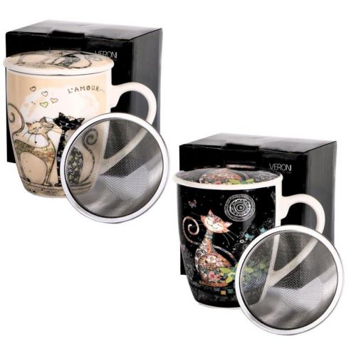 Hrnček porcelán 360ml MAČKY s kovovým sitkom a vrchnákom
