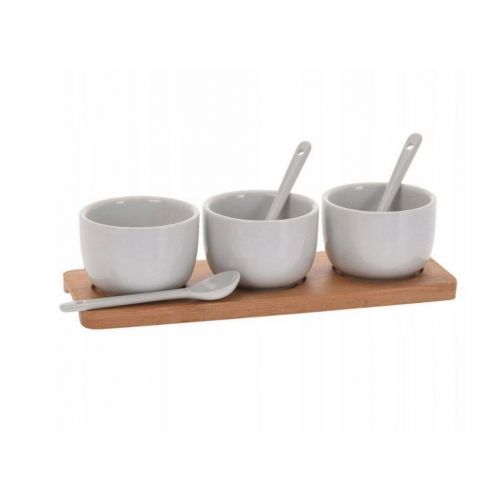 Miska servírovacia porcelánová na drevenom podnose 3ks+ 3ks lyžičiek
