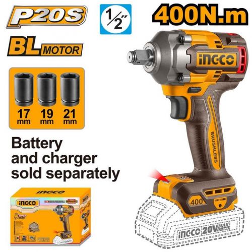 Uťahovák rázový Li-Ion 400N.m CIWLI20401 INGCO INDUSTRIAL AKU 20V P20S bez akumulátora a nabíjačky