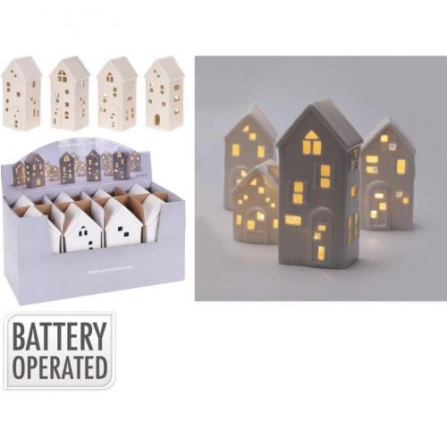 Dekorácia domček LED 16 cm porcelán biely mix