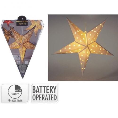 Ozdoba závesná hviezda 10 LED 60 cm papier s časovačom, s funkciami, batérie