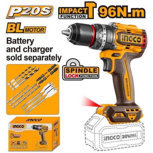 Vŕtačka bezkartáčová Li-Ion s príklepom CIDLI209681 INGCO AKU 20V, 96Nm, bez akumulátora a nabíjačky