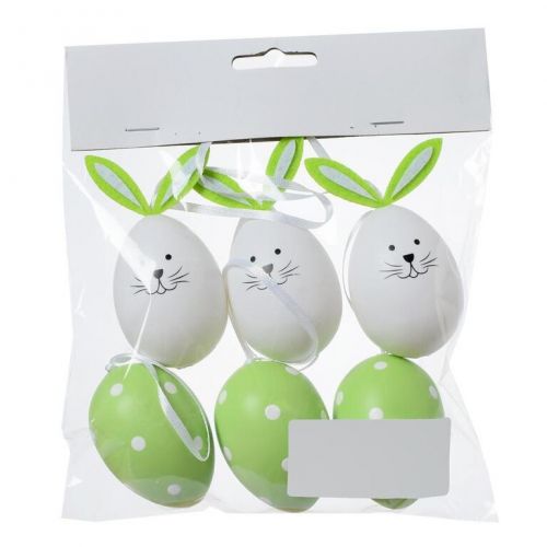 Ozdoba závesná veľkonočné vajíčka / zajac, zelené + biele, 6 cm, plastové, sada 6 ks
