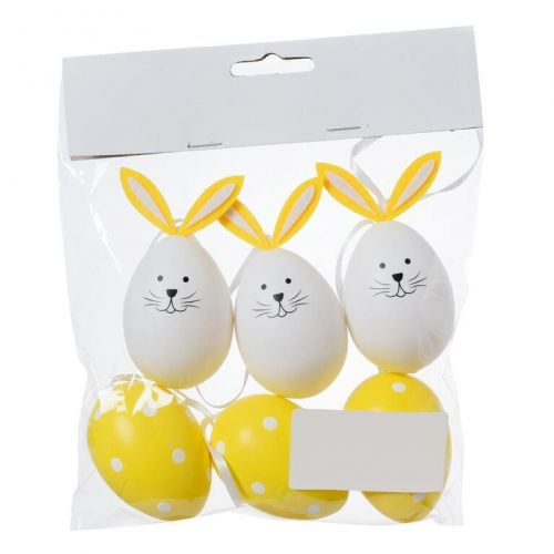 Ozdoba závesná veľkonočné vajíčka / zajac, žlté + biele, 6 cm, plastové, sada 6 ks