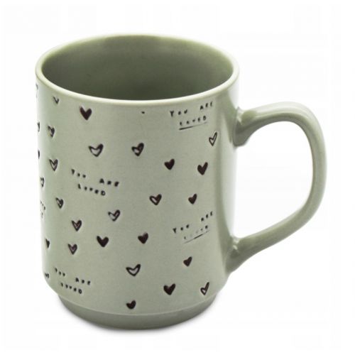Hrnček porcelánový 340ml, zelený, dekor srdiečka