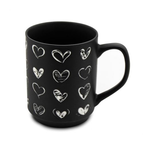 Hrnček porcelánový 340ml, čierny, dekor biele srdiečka