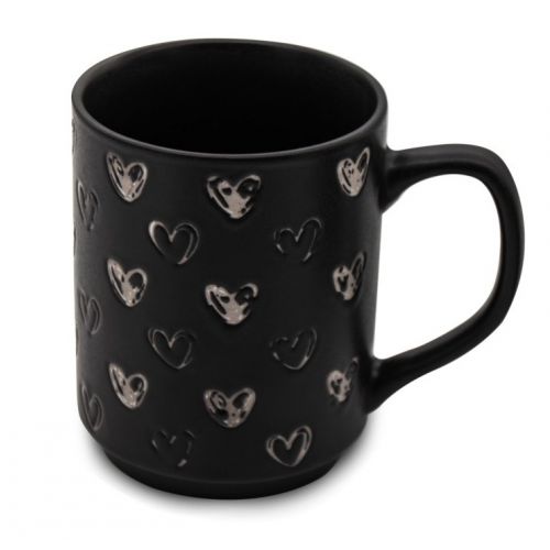 Hrnček porcelánový 340ml, čierny, dekor srdiečka