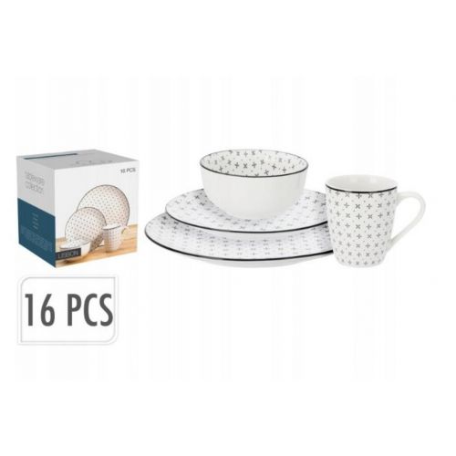 Tanier sada 16-dielna porcelán, bielo - čierna, dizajn krížik