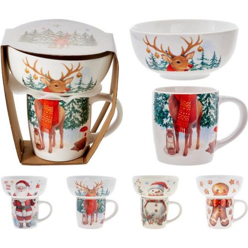 Hrnček a miska vianočný dizajn porcelán sada 2 ks mix