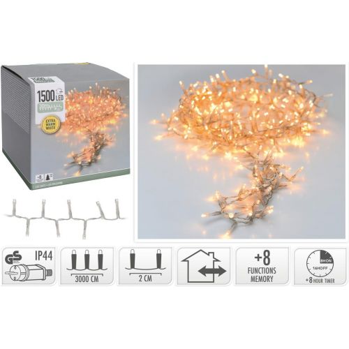 Svetlo vianočné 1500 LED extra teplé biele, transparent, 30 m , s časovačom, s funkciami, na 330 cm stromček, vonkajšie/vnútorné