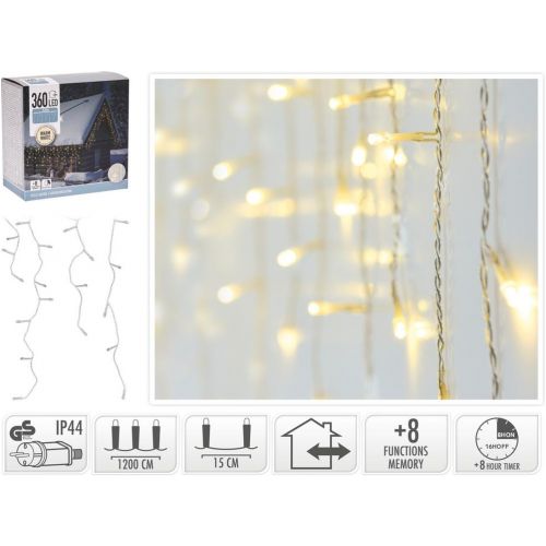 Svetlo vianočné cencúle 360 LED teplé biele, transparent, 12 m, s funkciami, vonkajšie/vnútorné