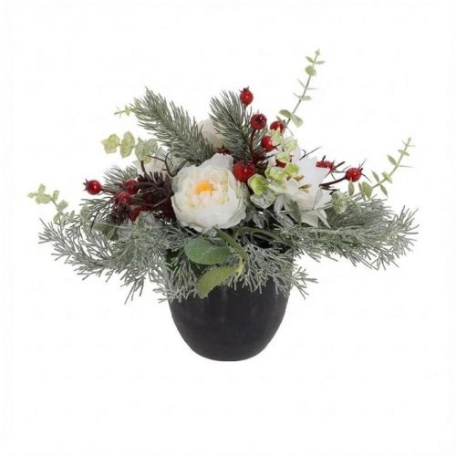Dekorácia kvetináč pivónia + vianočná ruža 20 cm biela