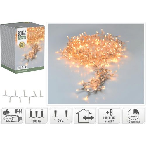 Svetlo vianočné 800 LED extra teplé biele, transparent, 16 m, s funkciami, na 240 cm stromček, s časovačom, vonkajšie/vnútorné
