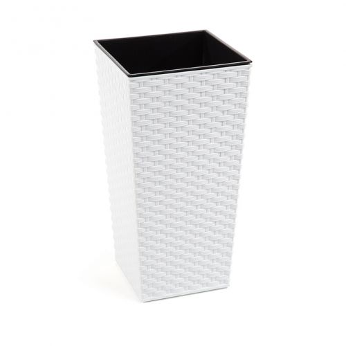Kvetináč vysoký, plastový, dĺžka strany 25cm, FINEZJA, imitácia ratanu, biely