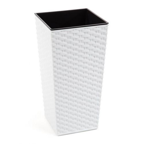 Kvetináč vysoký, plastový, dĺžka strany 30cm, FINEZJA, imitácia ratanu, biely