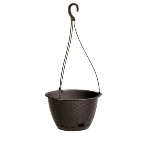 Kvetináč s úchytom, plastový, závesný, priemer 21,7cm, RATOLLA, imitácia ratanu, hnedý