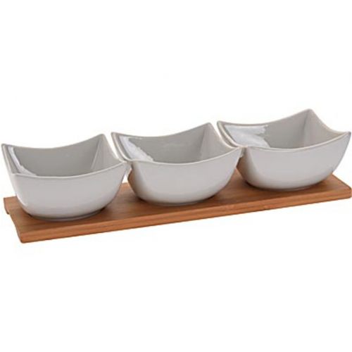 Miska servírovacia, porcelánová, na drevenom podnose, sada 3ks
