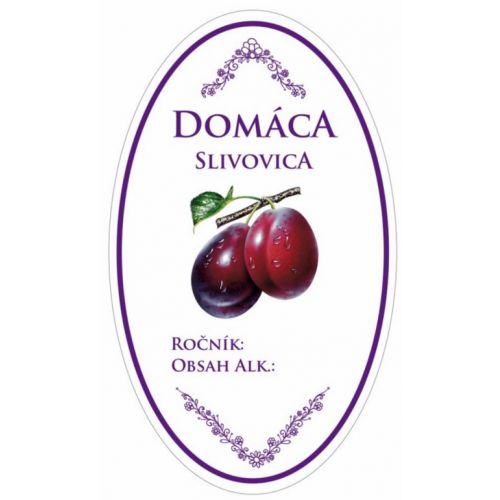 Samolepka DOMÁCA SLIVOVICA, oválna, biela, bal. 16ks etikiet