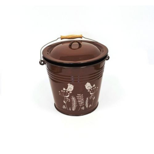 Vedro smaltované, 10L/28cm, s pokrievkou, hnedé, dekor, Vtáčik