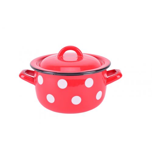 Hrniec 16cm, 1,7L s pokrievkou, smalt červený, dekor BODKY