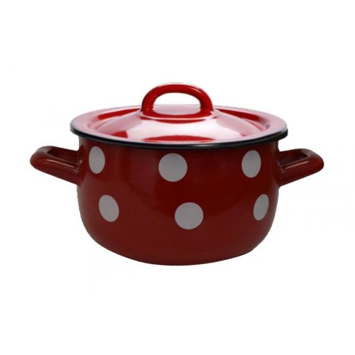 Hrniec smaltovaný s pokrievkou, priemer 18cm, objem 2,6L, červený, dekor BODKY