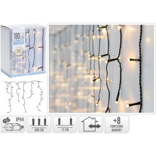 Svetlo vianočné cencúle 180 LED teplé biele, 6 m, s funkciami, vonkajšie/vnútorné