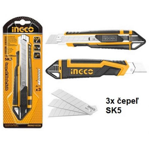 Nôž lámací, 18mm, s tlačítkom, INGCO, 3x čepel