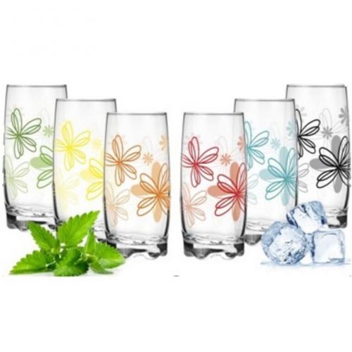 Pohár sklenený na vodu, 350 ml, dekor kvety, mix farieb, sada 6ks