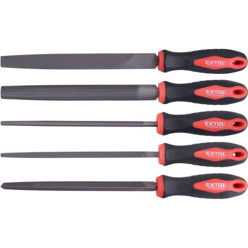 EXTOL PREMIUM Pilníky 200mm, 5-dielna sada, plocho-špicatý, úsečový, kruhový, 3-hranný, 4-hranný, sek 2