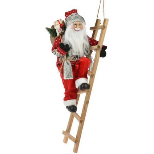 Postavička Santa na rebríku, 25x30x65cm, plast/plyš/drevo, červený