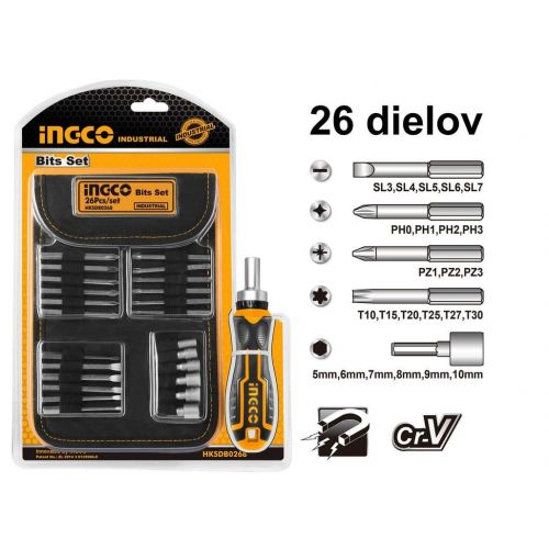 Skrutkovač račňa + bity sada 26ks INGCO