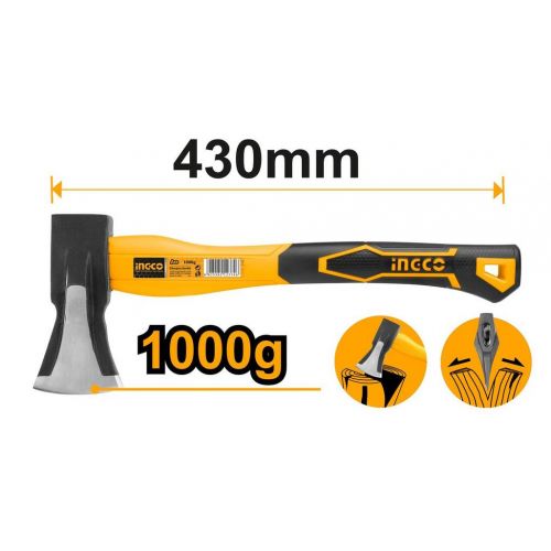 INGCO Sekera štiepacia 1kg,kovaná uhlíková oceľ, tepelne upravená čepeľ, celková dĺžka 43 cm, s chráničom