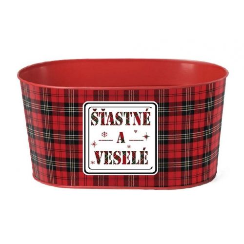 Kvetináč vianočný plechový 225x110 mm oválny, Šťastné a veselé