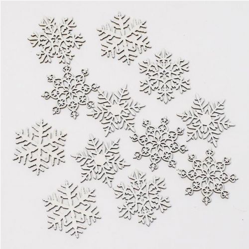 Dekorácia vločka 4,5x0,3x4,5cm, mix sada 12ks, drevo, biela 
