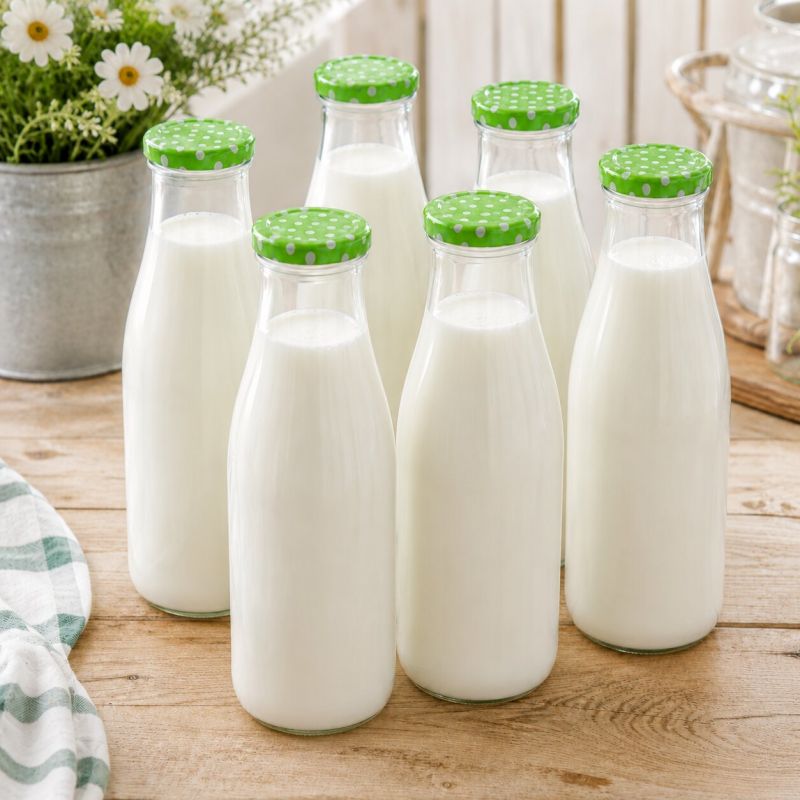 Fľaša na mlieko TO48, sklenená, 1L, bodky viečko