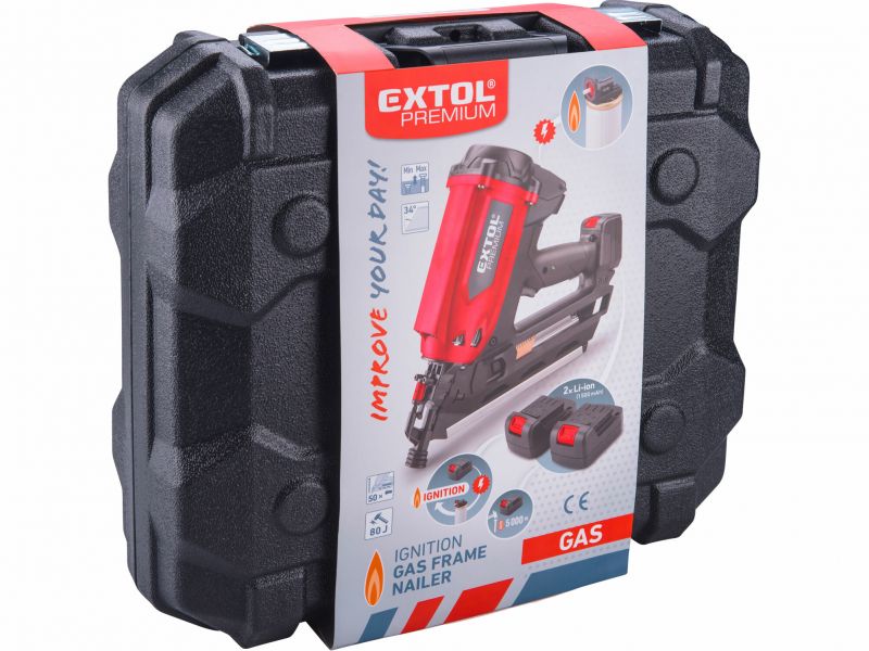 EXTOL PREMIUM Klincovačka plynová,80J,klince 50-90mm,akumul.zapaľovanie
