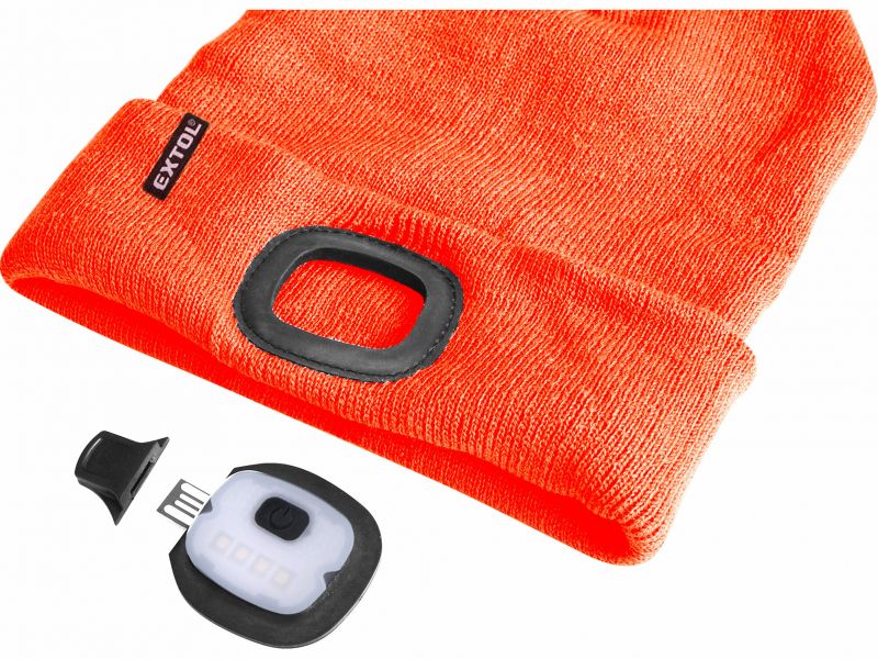 EXTOL LIGHT Čiapka oranž.s čelovým svetlom, LED 4x25lm, USB
