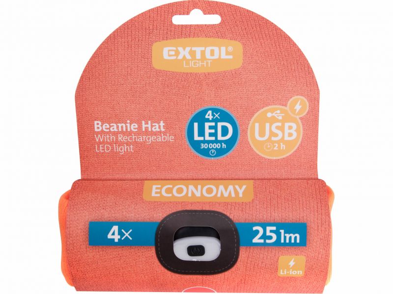 EXTOL LIGHT Čiapka oranž.s čelovým svetlom, LED 4x25lm, USB