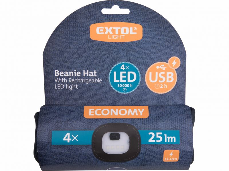 EXTOL LIGHT Čiapka tmavomodrá s čelovým svetlom, LED 4x25lm, USB