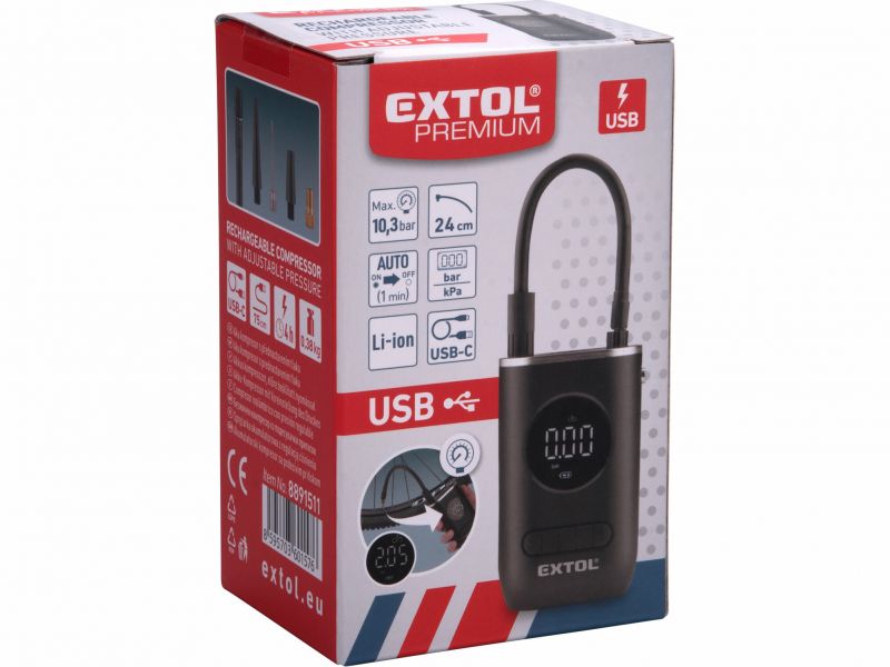 EXTOL PREMIUM Kompresor AKU 7,4V/2Ah Li-on, max. 10 bar, 15l/min