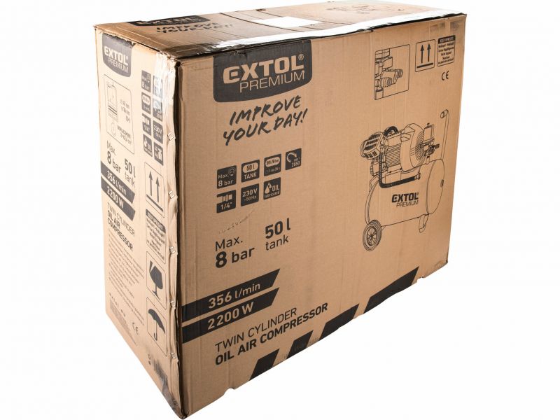 EXTOL PREMIUM Kompresor olej. dvojvalcový príkon 2,2kW, nádoba 50L, max. 8bar.