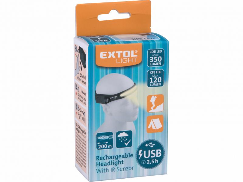 EXTOL LIGHT Lampa čelová 350lm, COB + XPE LED, 1,2Ah Li-pol, pevný plastový pás