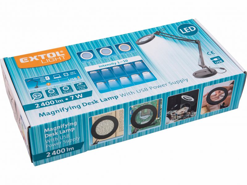 EXTOL LIGHT Lampa stolová s LED a lupou, 1300lm, nastaviteľné rameno, USB napájanie