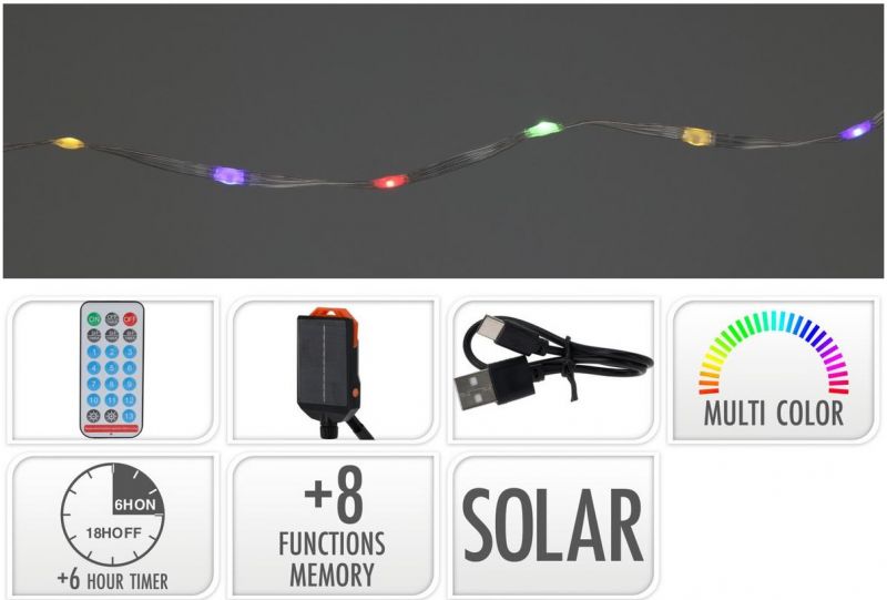 Kinekus Svetlo 480 LED, 24m, reťaz, farebné, solárne s časovačom, s funkciami