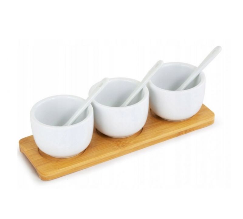 Miska servírovacia porcelánová na drevenom podnose 3ks+ 3ks lyžičiek