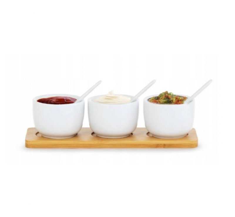 Kinekus Miska servírovacia porcelánová na drevenom podnose 3ks+ 3ks lyžičiek