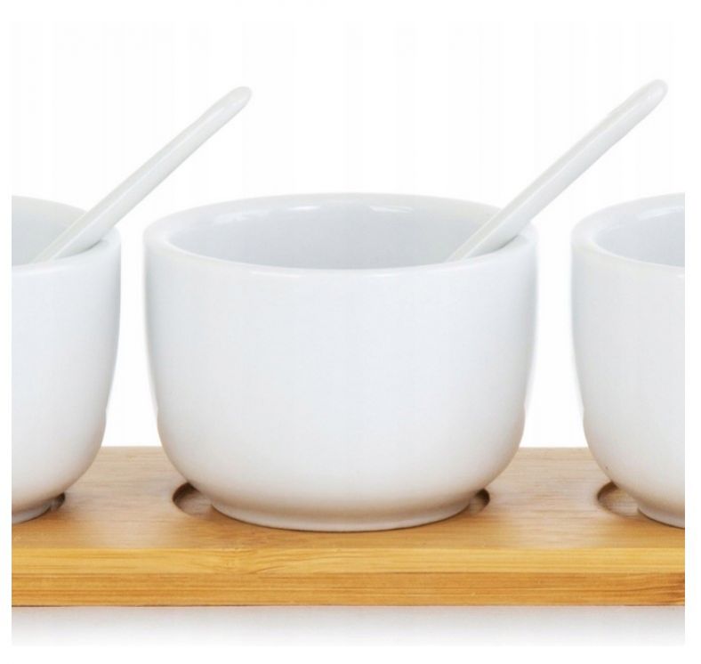 Kinekus Miska servírovacia porcelánová na drevenom podnose 3ks+ 3ks lyžičiek